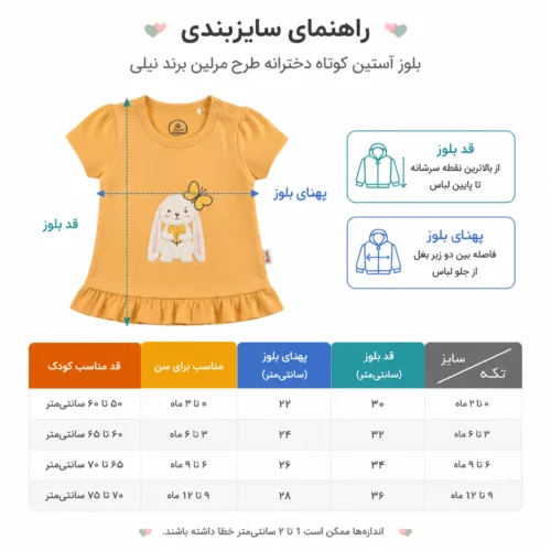 راهنمای سایزبندی بلوز نوزادی دخترانه نیلی مدل مرلین