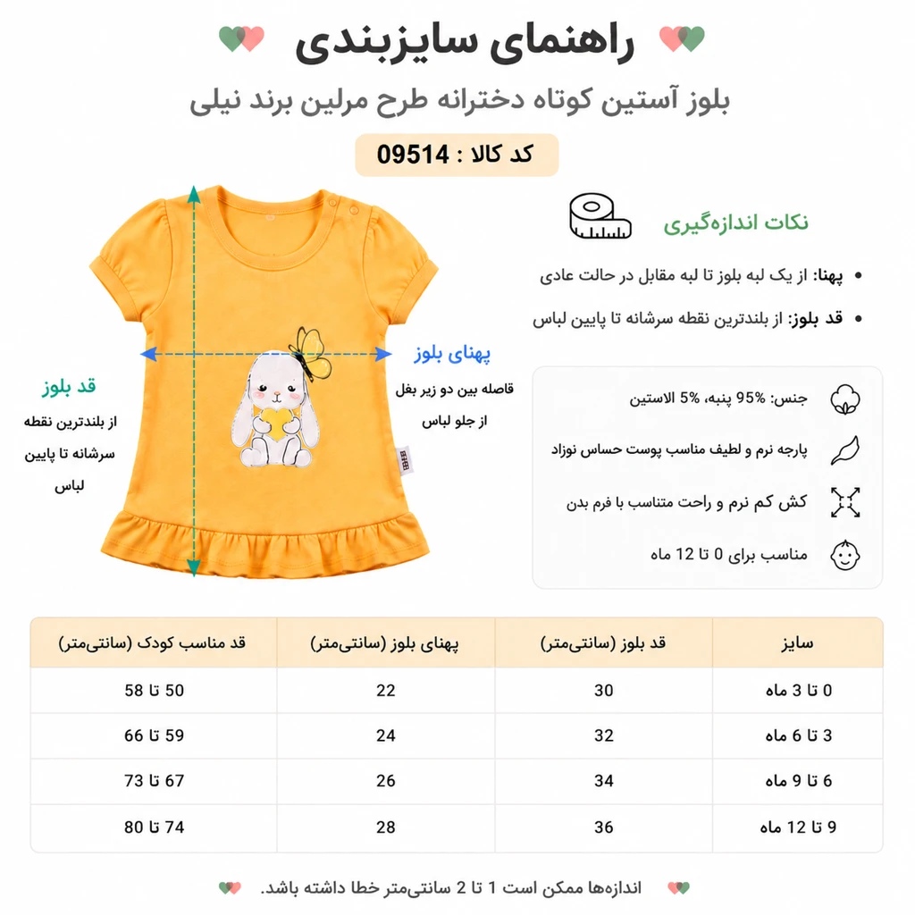 راهنمای سایزبندی بلوز آستین کوتاه نوزادی دخترانه نیلی مدل مرلین کد 09514