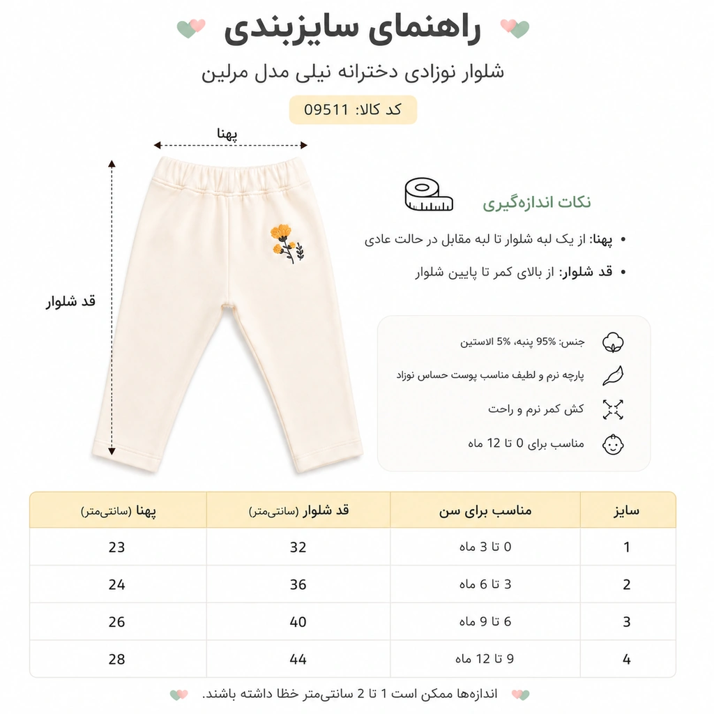 راهنمای سایزبندی شلوار نوزادی دخترانه نیلی مدل مرلین کد 09511