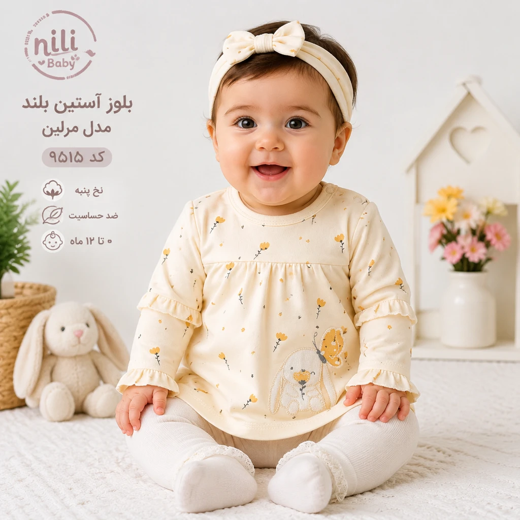 بلوز آستین بلند نوزادی دخترانه نیلی مدل مرلین کد 9515 با طرح خرگوش و گل، مناسب نوزاد 0 تا 12 ماه