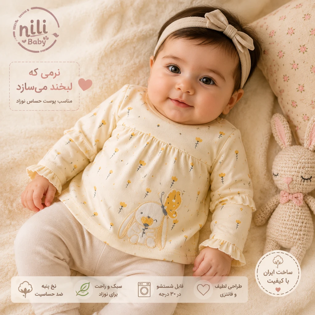 تصویر احساسی بلوز نوزادی دخترانه نیلی مدل مرلین کد 9515 روی نوزاد، مناسب پوست حساس با طرح خرگوش و گل