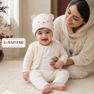 تنخور کلاه کشی نوزادی نیلی مدل کانگورو و دوستان کد 9826 روی پسر بچه خندان با ست نخی کرم در کنار مادر