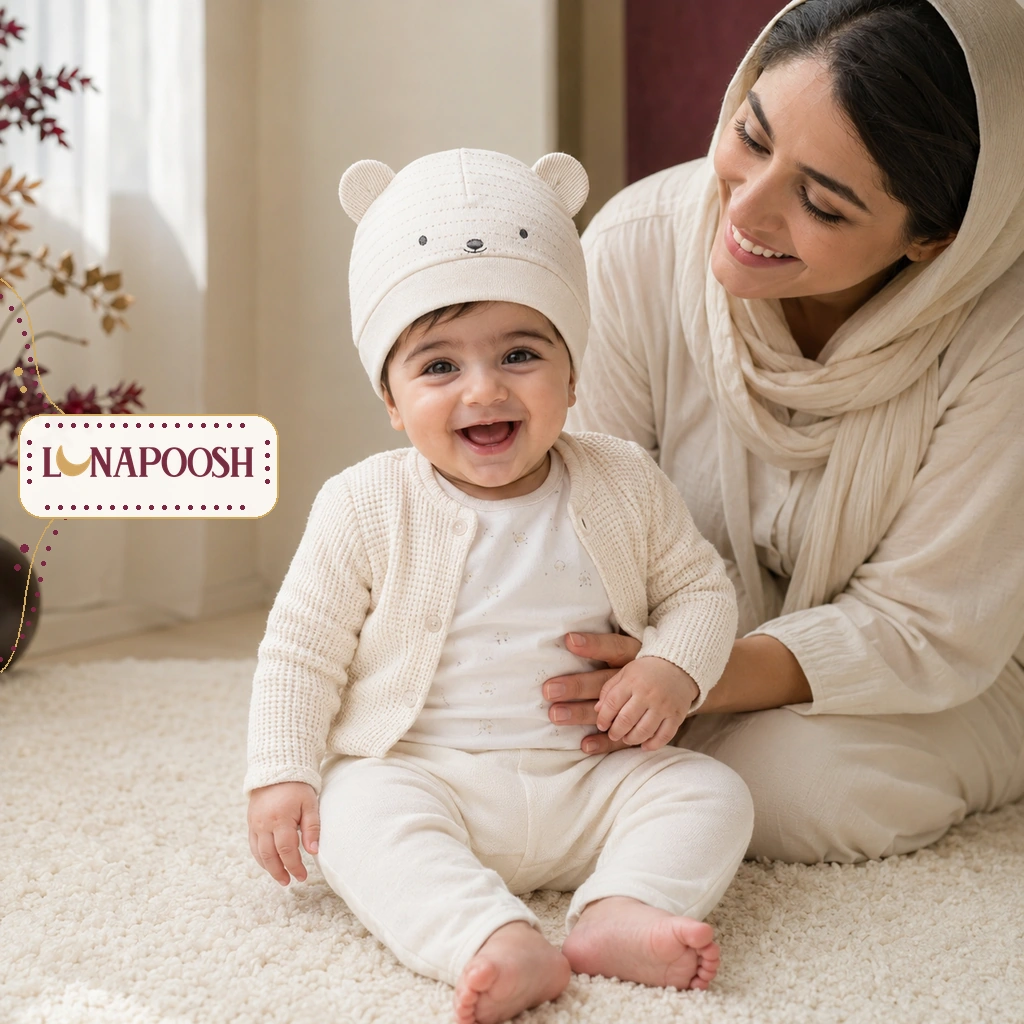 تنخور کلاه کشی نوزادی نیلی مدل کانگورو و دوستان کد 9826 روی پسر بچه خندان با ست نخی کرم در کنار مادر