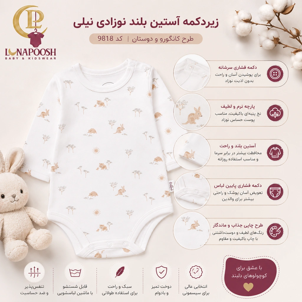 اینفوگرافیک ویژگی‌های زیردکمه آستین بلند نوزادی نیلی طرح کانگورو و دوستان کد 9818 شامل پارچه لطیف، دکمه سرشانه، آستین بلند و دکمه فشاری زیر لباس