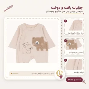 نمای نزدیک بافت وافل، دوخت و تکه‌دوزی سرهمی نوزادی نیلی مدل کانگورو و دوستان کد 9820