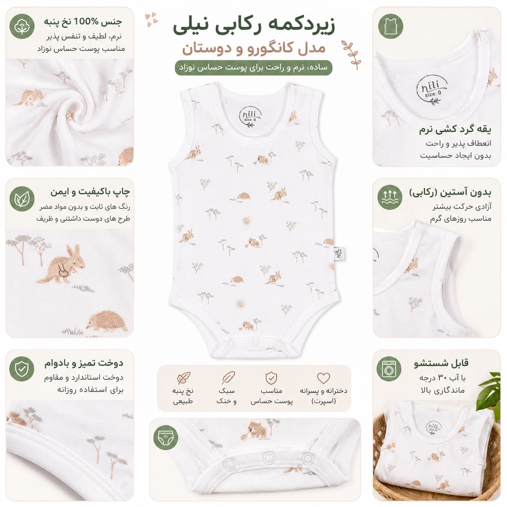 اینفوگرافیک ویژگی‌های زیردکمه رکابی نوزادی نیلی مدل کانگورو و دوستان تمام چاپ سفید کد 9816