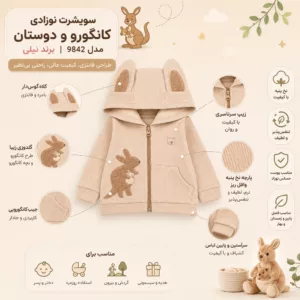 اینفوگرافیک ویژگی‌های سویشرت نوزادی نیلی مدل کانگورو و دوستان 9842 با پارچه نخ پنبه وافل ریز، کلاه گوش‌دار، زیپ سرتاسری و گلدوزی کانگورو