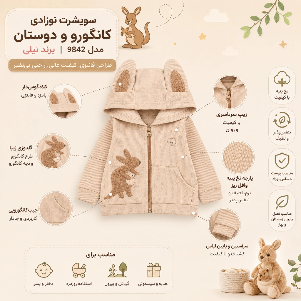 اینفوگرافیک ویژگی‌های سویشرت نوزادی نیلی مدل کانگورو و دوستان 9842 با پارچه نخ پنبه وافل ریز، کلاه گوش‌دار، زیپ سرتاسری و گلدوزی کانگورو