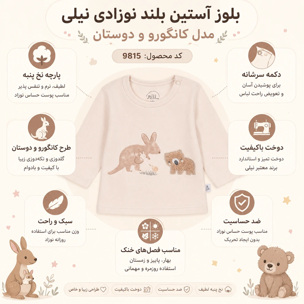 اینفوگرافیک ویژگیهای بلوز آستین بلند نوزادی نیلی مدل کانگورو و دوستان کد 9815 شامل پارچه نخ پنبه، دکمه سرشانه، دوخت باکیفیت و مناسب پوست حساس