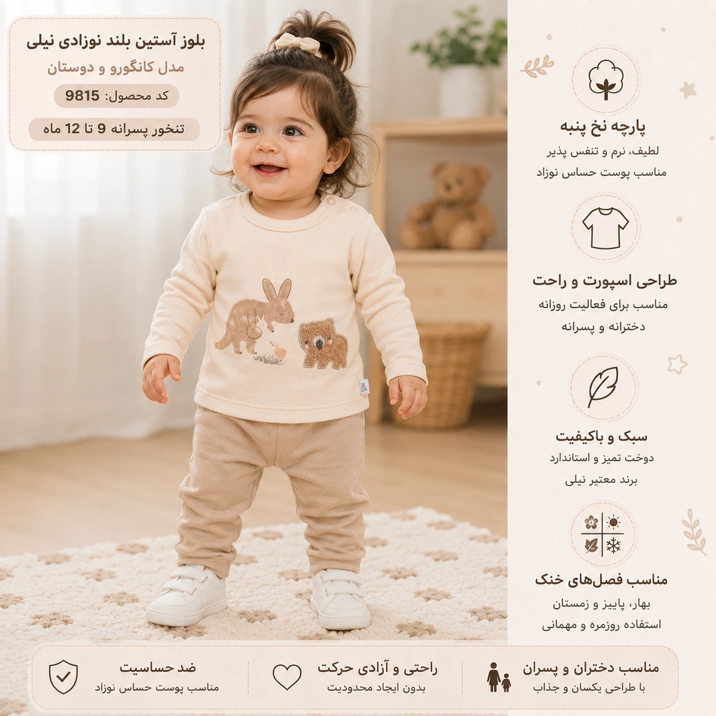 تنخور ایستاده بلوز آستین بلند نوزادی نیلی مدل کانگورو و دوستان کد 9815 روی دختر 9 تا 12 ماهه با رنگ کرم روشن و پارچه نخ پنبه