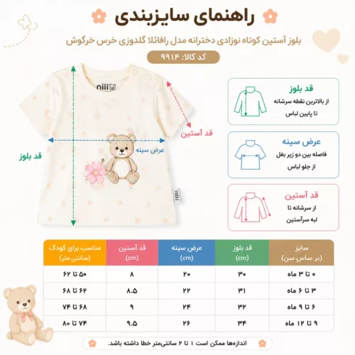راهنمای سایزبندی بلوز آستین کوتاه نوزادی دخترانه نیلی مدل رافائلا کد 9914 سفید با جدول اندازه قد لباس عرض سینه و قد آستین