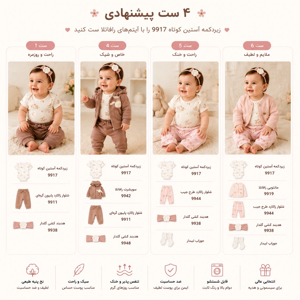چهار مدل ست پیشنهادی برای زیردکمه رکابی نوزادی دخترانه نیلی مدل رافائلا 9916 همراه با سویشرت 9942، مانتویی 9919، شلوارهای 9911 و 9944 و هدبند 9938