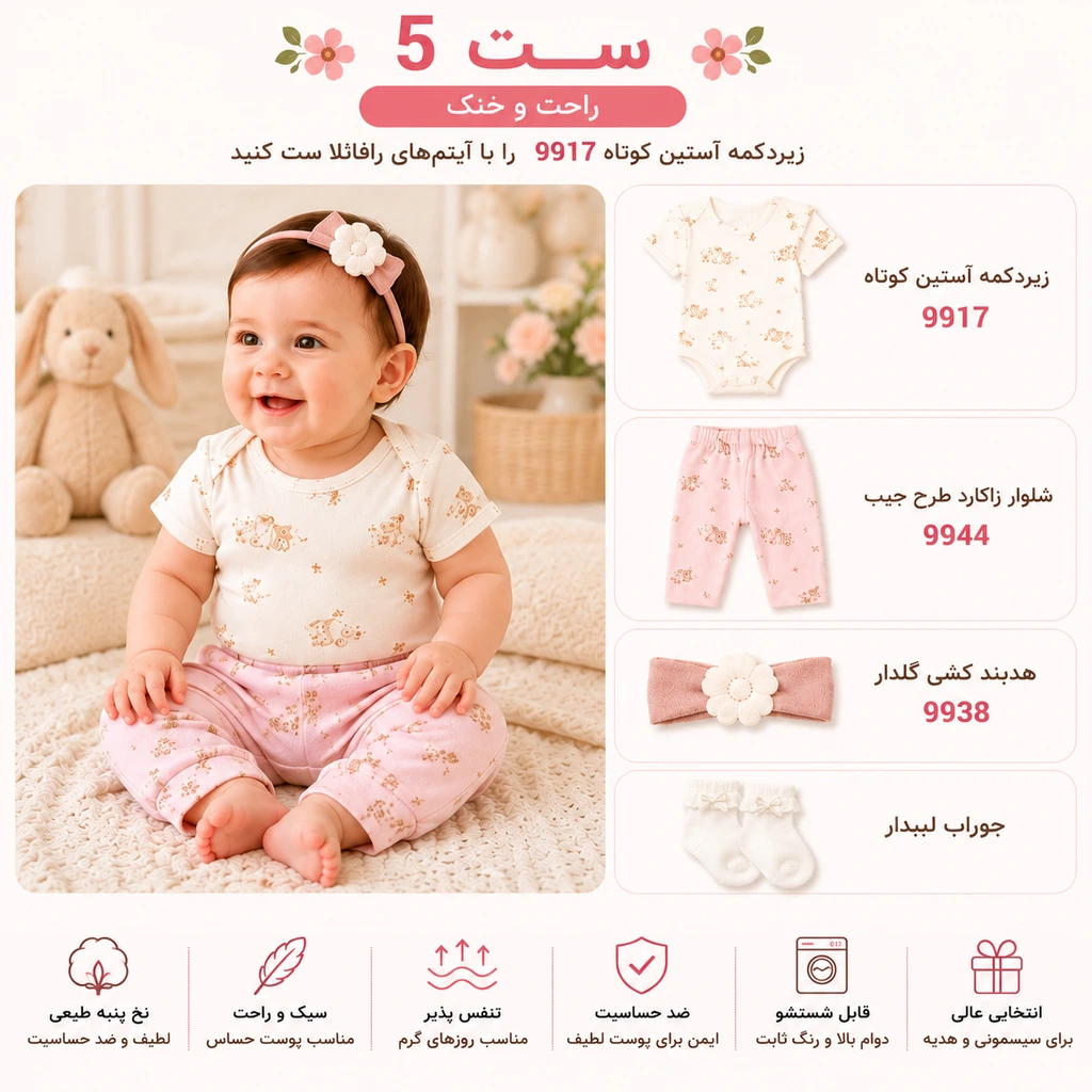 استایل پیشنهادی زیردکمه رکابی نوزادی دخترانه نیلی مدل رافائلا 9916 با شلوار رافائلا 9944، هدبند رافائلا 9938 و جوراب سفید نوزادی