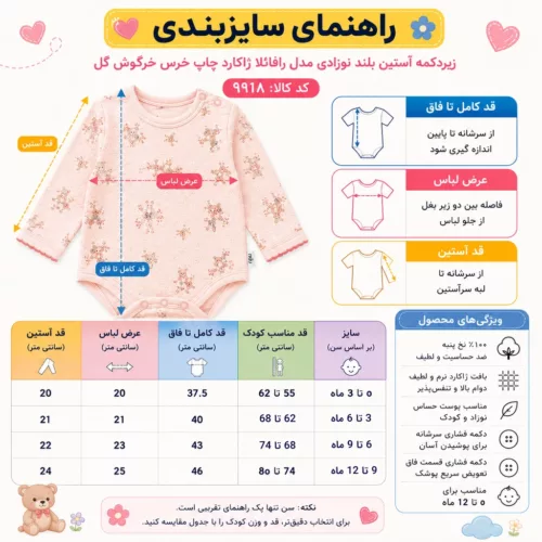 راهنمای سایزبندی زیردکمه آستین بلند نوزادی نیلی مدل رافائلا 9918 همراه با جدول اندازه‌ها، روش اندازه‌گیری قد تا فاق، عرض لباس و قد آستین