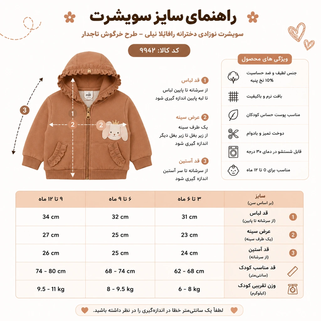 راهنمای سایزبندی سویشرت نوزادی دخترانه رافائلا نیلی مدل 9942 با جدول اندازه لباس، قد کودک و وزن تقریبی