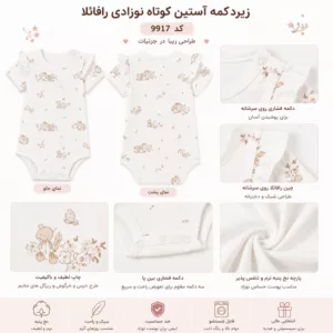 جزئیات زیردکمه آستین کوتاه نوزادی رافائلا نیلی کد 9917 شامل نمای جلو، نمای پشت، پارچه نخ پنبه، دکمه سرشانه و دکمه فشاری بین پا