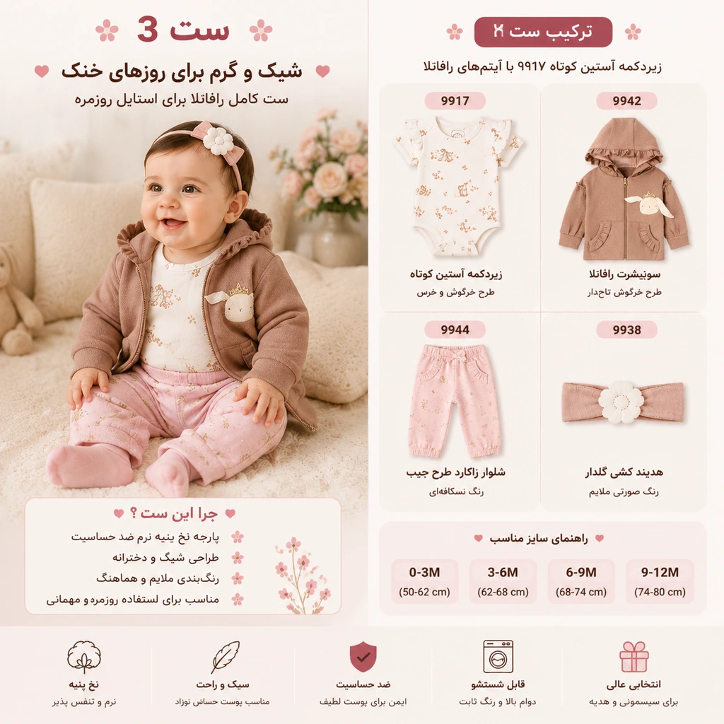 ست شماره ۳ زیردکمه آستین کوتاه نوزادی رافائلا نیلی کد 9917 با سویشرت 9942 شلوار 9944 و هدبند 9938