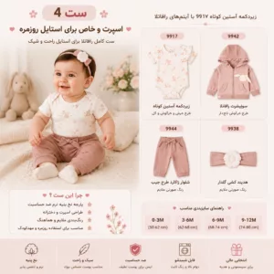 ست شماره ۴ زیردکمه آستین کوتاه نوزادی رافائلا نیلی کد 9917 با سویشرت 9942 شلوار 9944 و هدبند 9938