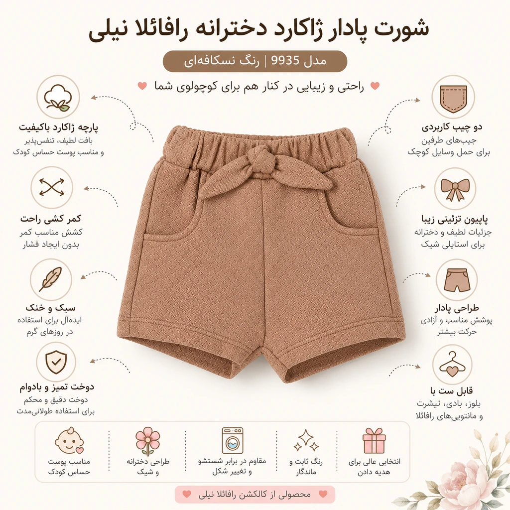 اینفوگرافیک ویژگیهای شورت پادار ژاکارد دخترانه نیلی مدل رافائلا 9935 شامل پارچه ژاکارد، کمر کشی، جیب بغل و پاپیون تزئینی
