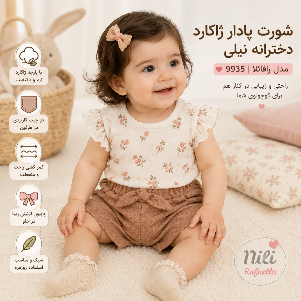 تنخور شورت پادار ژاکارد دخترانه نیلی مدل رافائلا 9935 رنگ نسکافهای روی نوزاد دختر