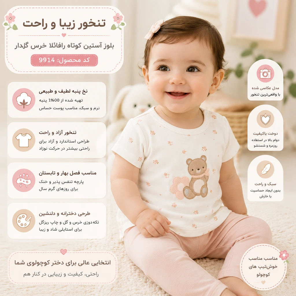 تنخور بلوز آستین کوتاه نوزادی دخترانه نیلی مدل رافائلا کد 9914 با طرح چاپ ریزگل و تکه دوزی خرس و گل روی بدن نوزاد