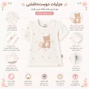 جزئیات بلوز آستین کوتاه نوزادی دخترانه نیلی مدل رافائلا کد 9914 رنگ سفید با چاپ ریزگل، تکه دوزی خرس و گل، دکمه سرشانه و پارچه لطیف