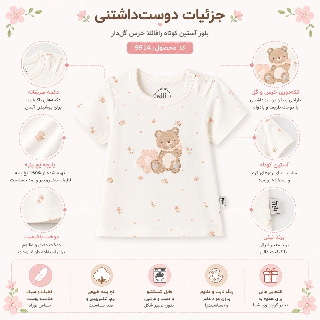 جزئیات بلوز آستین کوتاه نوزادی دخترانه نیلی مدل رافائلا کد 9914 رنگ سفید با چاپ ریزگل، تکه دوزی خرس و گل، دکمه سرشانه و پارچه لطیف
