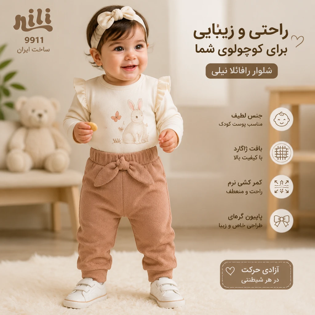 تصویر مدلپوش شلوار نوزادی رافائلا نیلی مدل 9911 بر تن کودک با کمر پاپیون گرهای و رنگ نسکافهای