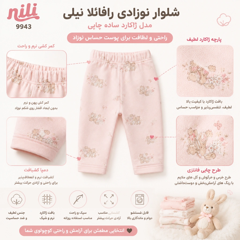 شلوار نوزادی رافائلا نیلی مدل ژاکارد ساده با طرح ملایم خرس و خرگوش اینفوگرافیک ویژگی های محصول کد 9943