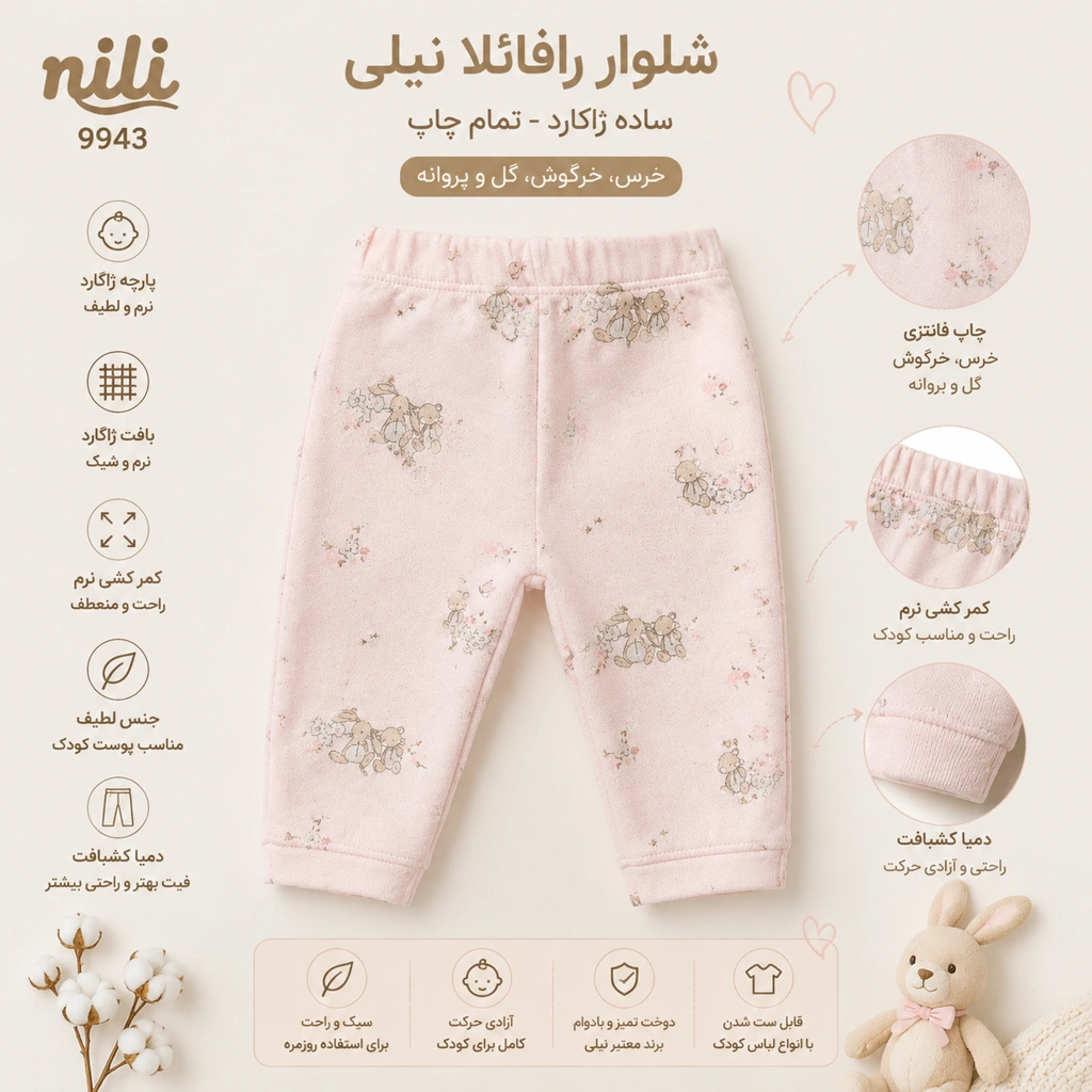 شلوار نوزادی رافائلا نیلی مدل ژاکارد ساده با طرح ملایم خرگوش و گل مناسب نوزاد دخترانه کد 9943