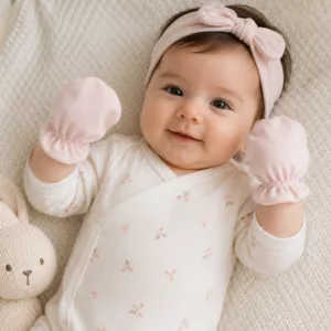 نوزاد با دستکش نوزادی ساده نخ پنبه رافائلا نیلی مدل 9924 رنگ صورتی ملایم