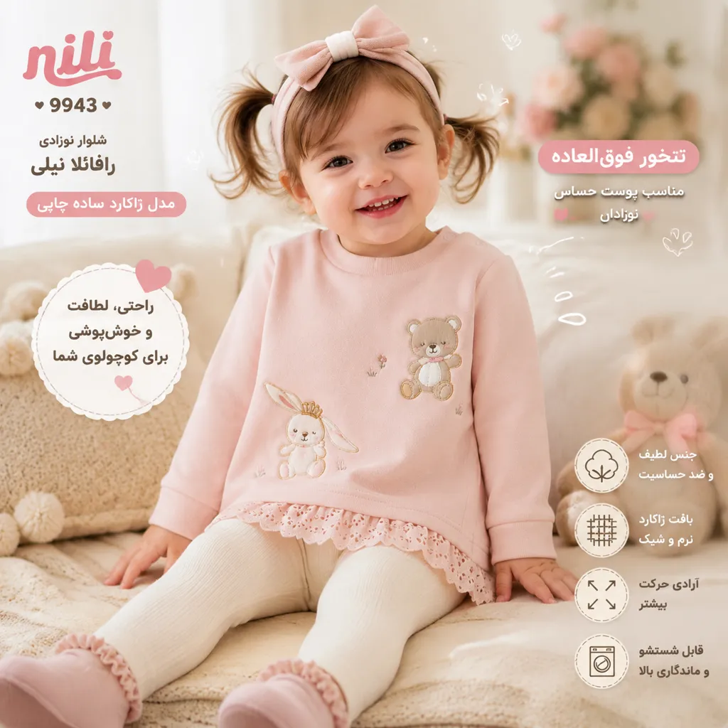 تصویر تنخور بلوز آستین بلند رافائلا 9915 نیلی روی بدن کودک با طرح خرس و خرگوش و رنگ صورتی ملایم