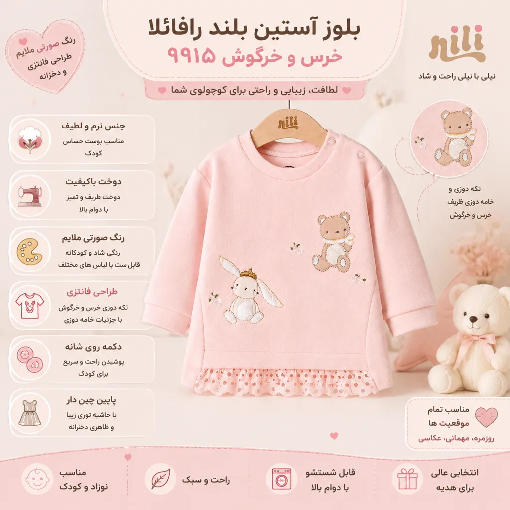 بلوز آستین بلند رافائلا 9915 نیلی طرح خرس و خرگوش صورتی ملایم با طراحی فانتزی و معرفی ویژگیها