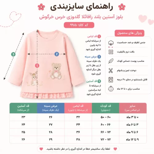 راهنمای سایزبندی بلوز آستین بلند رافائلا 9915 نیلی با جدول اندازه‌ها و طراحی اینفوگرافیک