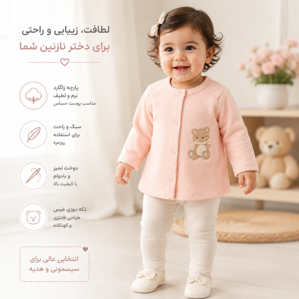 مانتویی نوزادی دخترانه نیلی مدل 09919 پوشیده شده روی بدن کودک با طراحی صورتی ملایم و تکهدوزی خرس، مناسب سیسمونی و استایل روزمره کودک