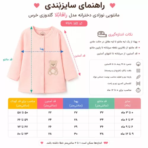 راهنمای سایزبندی مانتویی نوزادی دخترانه نیلی مدل 09919 شامل جدول اندازه‌ها، قد و پهنا مناسب سنین مختلف کودک
